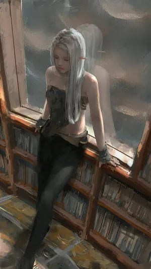 身靠窗台玻璃穿肚兜的白发动漫人物插画_1