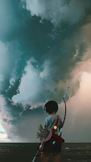 站在海边背着弓箭的短发动漫少女背影高清