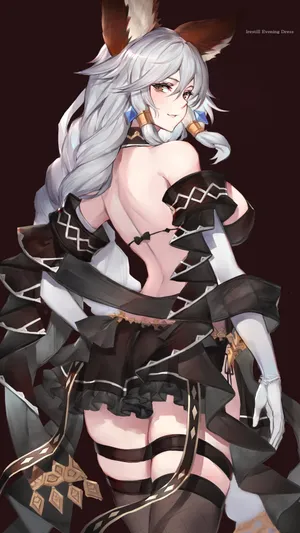 大辫子黑色百褶露背连衣裙动漫美女插画