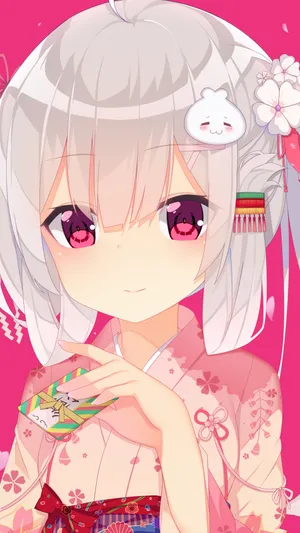 白色短发二次元大眼穿和服的萌妹子动漫