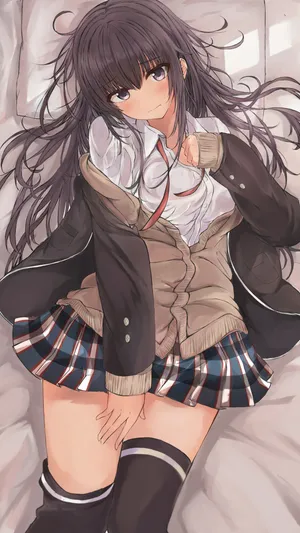 黑色刘海长发穿格子裙校服的动漫美女