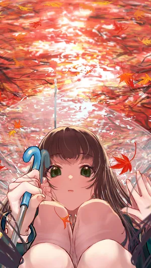 撑伞的动漫少女通过倒影看自己的