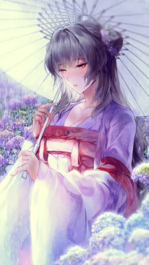 手绘花丛中打油纸伞的古风小姐姐