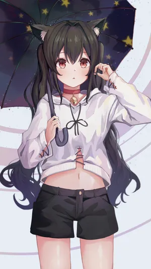 打着雨伞穿露脐装的可爱二次元动漫妹子