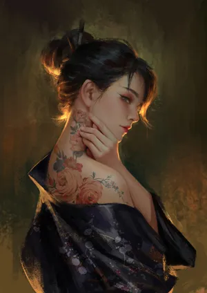 香肩微露，性感的花卉纹身的丸子头动漫美女侧颜