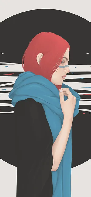 手绘戴围巾的红发少女