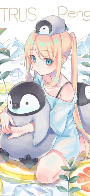 抱着企鹅的可爱动漫少女