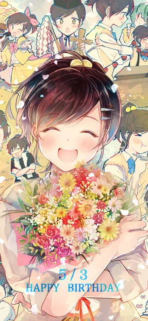 5/3生日快乐，抱着花开心过生日的动漫少女