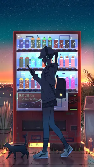 走过售卖机背着背包头戴耳麦玩着手机的少女