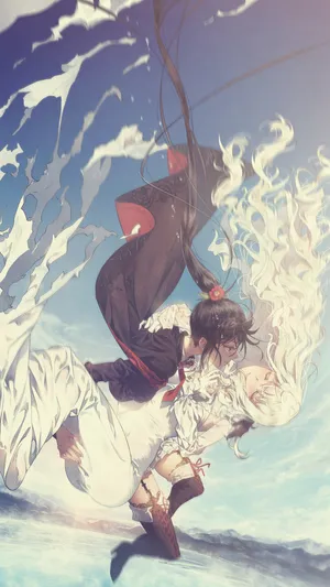 高空落下的一黑一白动漫长发女生，画面唯美