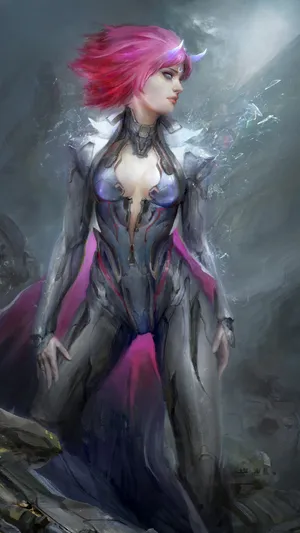 头上有角红发红披风的动漫手绘美女插画