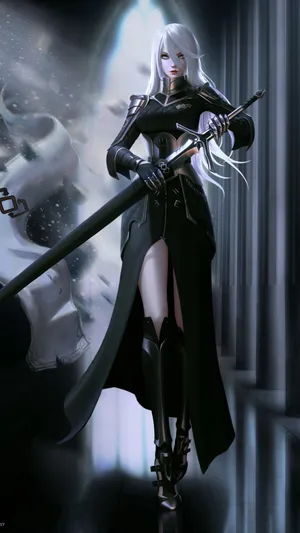 穿黑披风拔剑的长发动漫女剑士