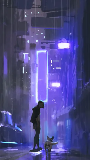 手绘城市夜间街道里的小女生和他的宠物狗