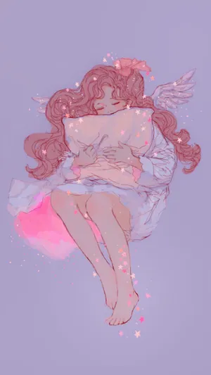 抱着枕头 蜷着双腿的 长卷发睡裙动漫女孩大图