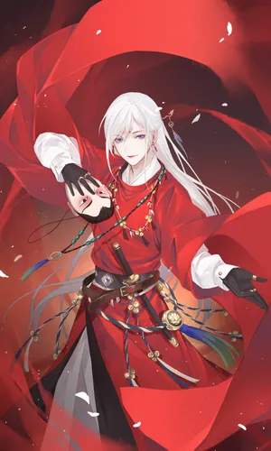 二次元 古风，红衣白发俊逸的动漫帅哥 手拿面具图片
