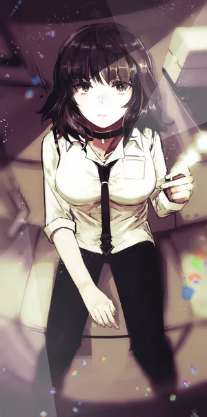 系领带，手里夹着香烟的大胸动漫女生壁纸