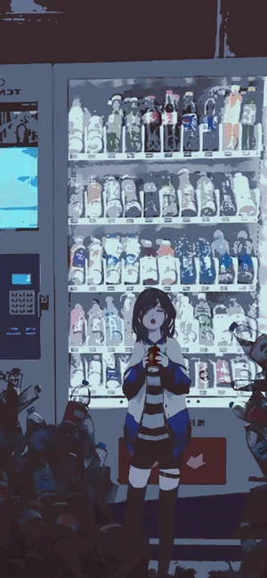 售卖机前喝着饮料的动漫女学生