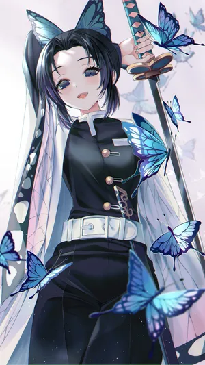 蝴蝶环绕身边的执刀紧身黑衣动漫美少女