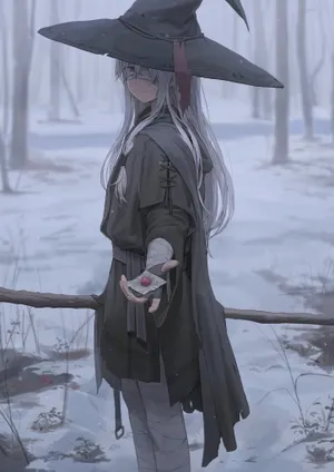 女巫 动漫女孩 素描 女巫帽 银发 眼罩 微笑 雪花4k 竖屏