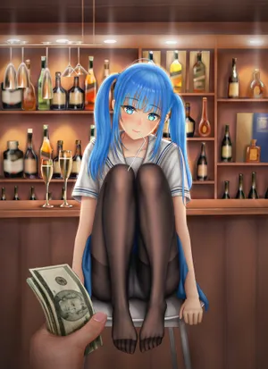 女子 女孩子 蓝色双马尾辫 丝袜 水手服制服 酒吧 4k