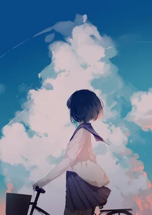 女生 黑发 校服 天空 自行车