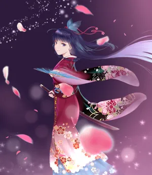日本动漫和服女生 花瓣 武士刀 4k 唯美