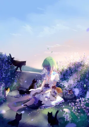 小女孩 鲜花 猫 4k动漫 竖屏_1