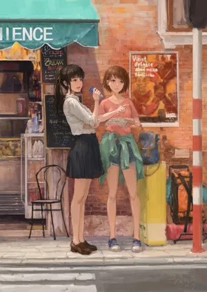 商店 两个女孩 手绘画2K