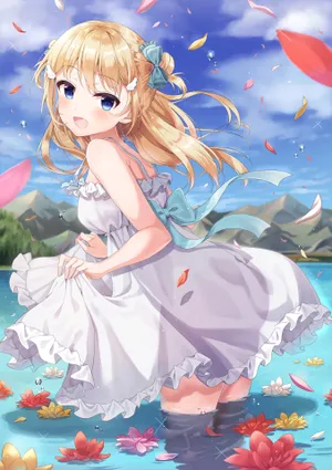 动漫少女 白色裙子 水 花 4k