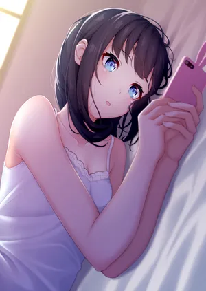 高中生女子 黑发 睡衣 手机 动漫第1张