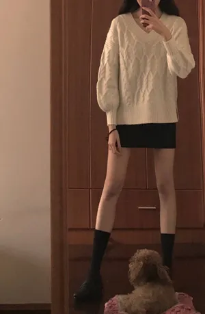 毛衣，短裙，美腿美女不露脸自拍，还有一只宠物狗狗