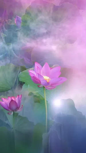 雾气缭绕中的荷花朦胧意境
