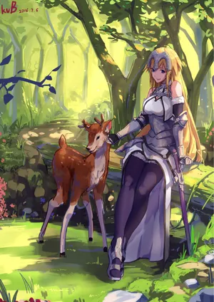 森林  插图  鹿  动物  金发女郎  长发  动漫  动漫女孩  武器