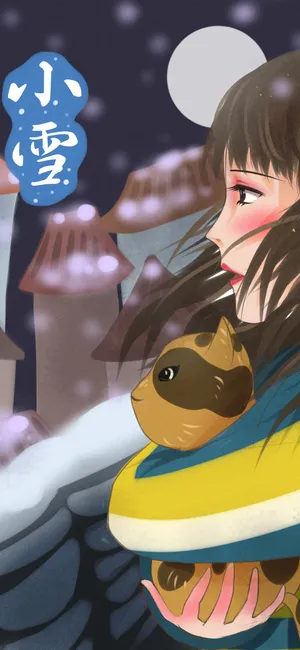 女孩抱着猫看雪