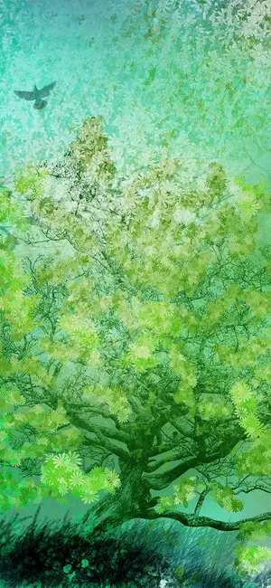 春天绿色花树艺术iPhone X插画