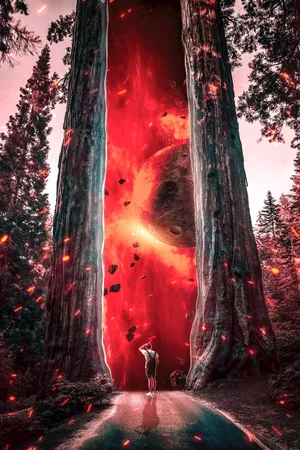 男子科幻 星球碰撞 树干