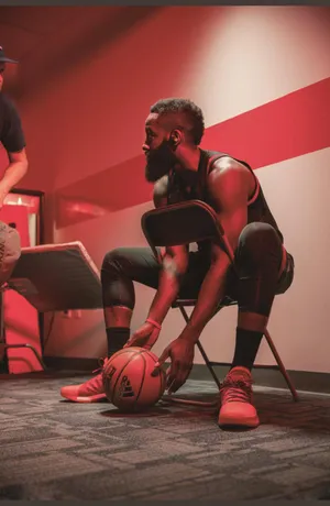 NBA篮球名星火箭队大胡子詹姆斯哈登更衣室玩球