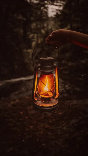 提着油灯的手，提着油灯走在山中小路的