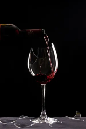 倒在破碎酒杯中的红酒图片