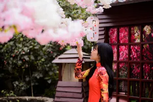 站在樱花树下的美女图片