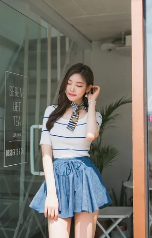 韩国国宝级美女模特朴正允修身蓝色淑女裙图片