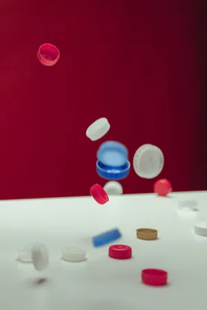 桌上五颜六色的瓶盖图片