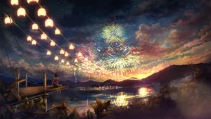 星空下看烟花的少女图片