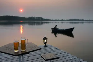 夕阳河边啤酒图片第1张