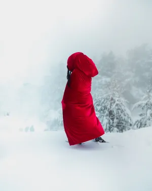 雪地红色披风背影图片