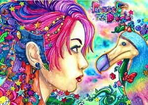 女人和鸟插画图片