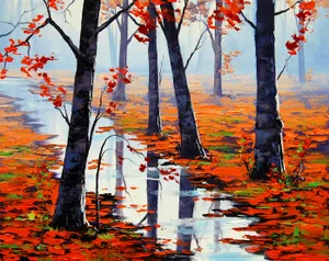 秋天树林落叶油画图片_1