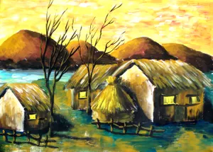 农村茅草屋油画图片_1