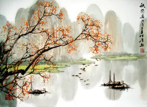 秋染漓江水墨画图片