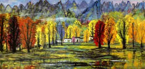 秋山树林油画图片